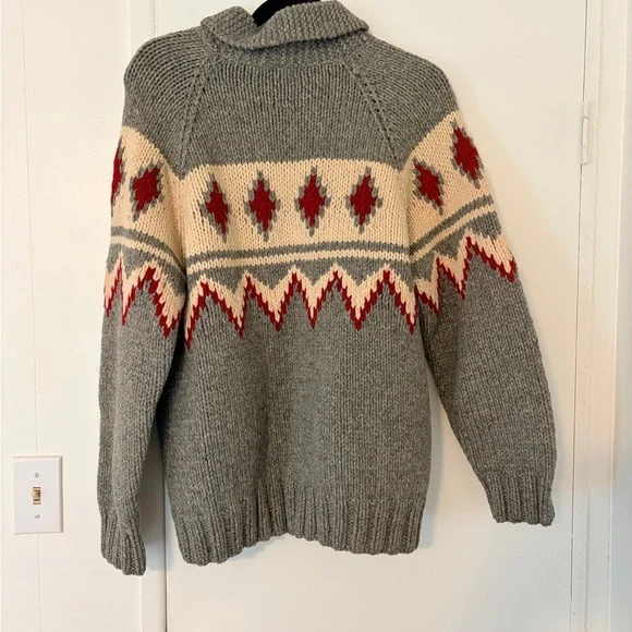 Gray Shawl Collar Zip Sweater with Red and Cream Pattern - Picture 3 of 8